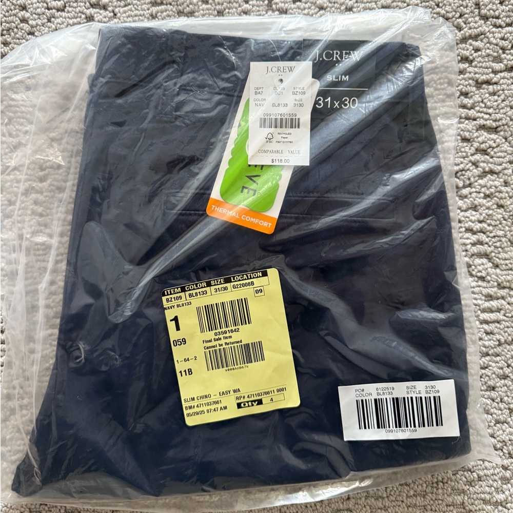 JCrew Men’s Slim Fit Truetemp365 Chino Pants - NWT size 31 waist 30 length